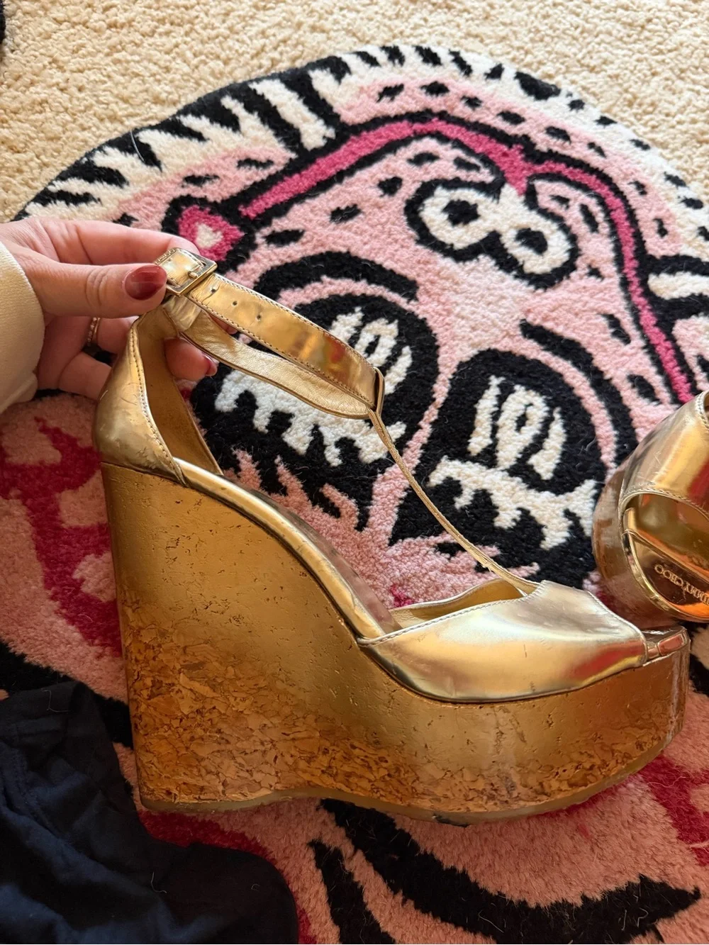 Jimmy Choo Metallic Gold Wedge Sandals with Ankle Strap